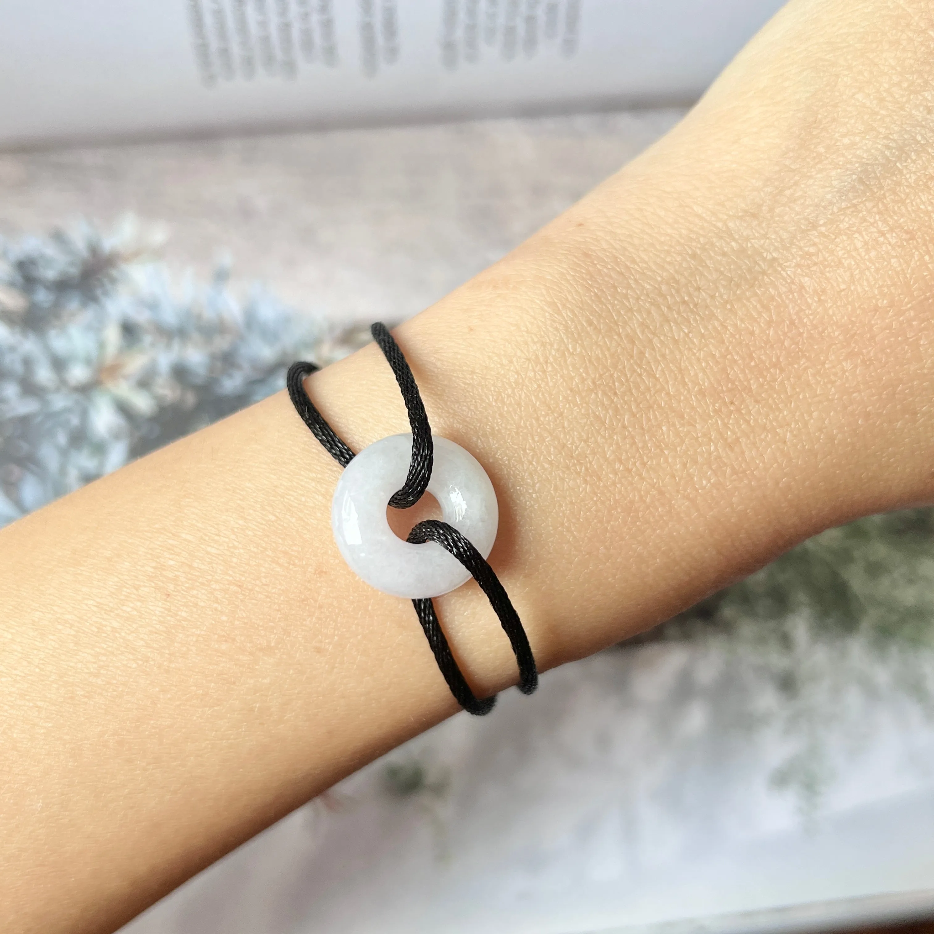 A-Grade Natural Lavender Jadeite Bagel on Infinity Silk Cord Bracelet No.190409