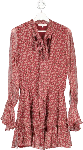 Alexis Red Floral Silk Long Sleeve Tiered Ruched Tie Neck Dress UK XS