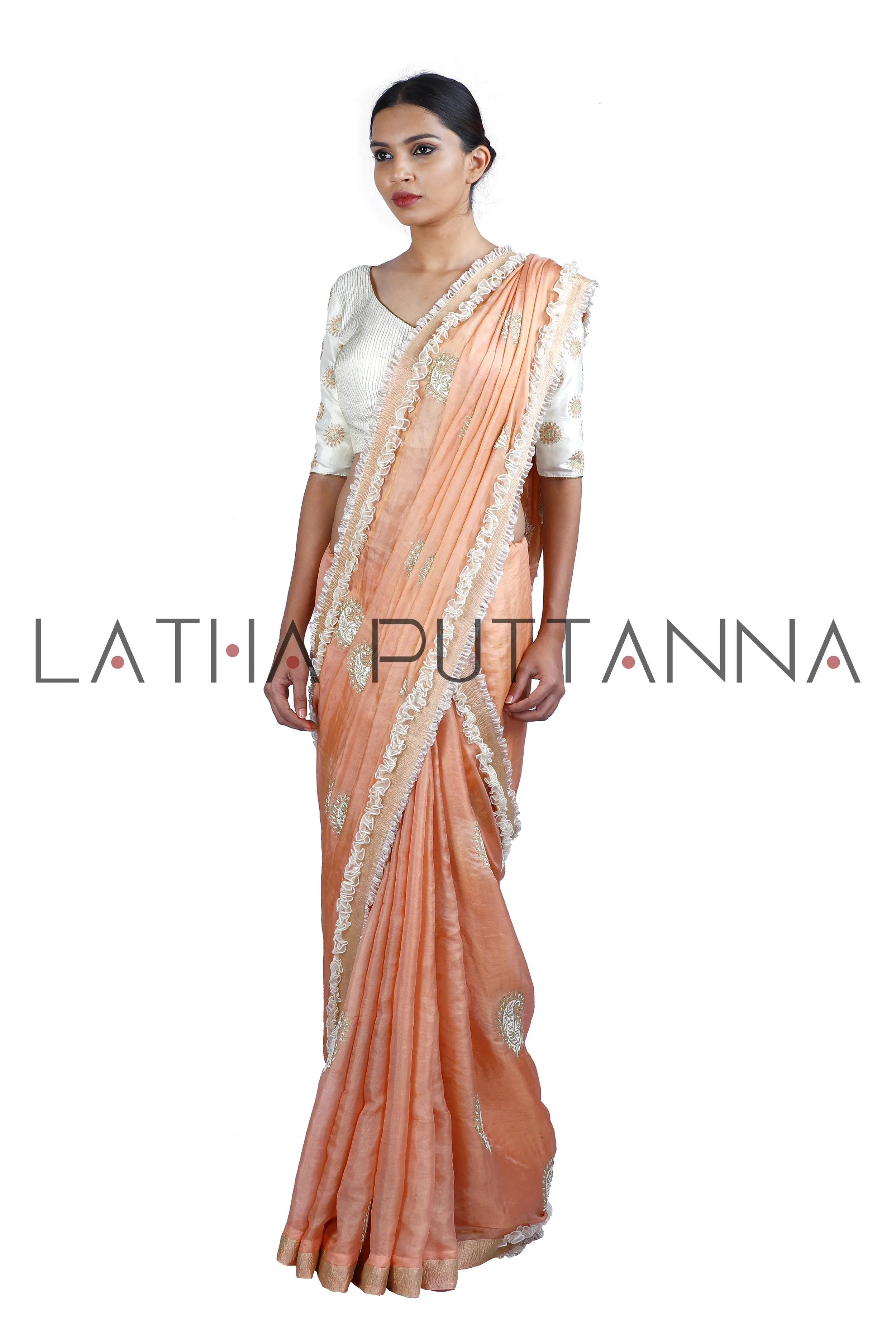 Apsara – Ethereal Peach Tissue with Gold Paisleys