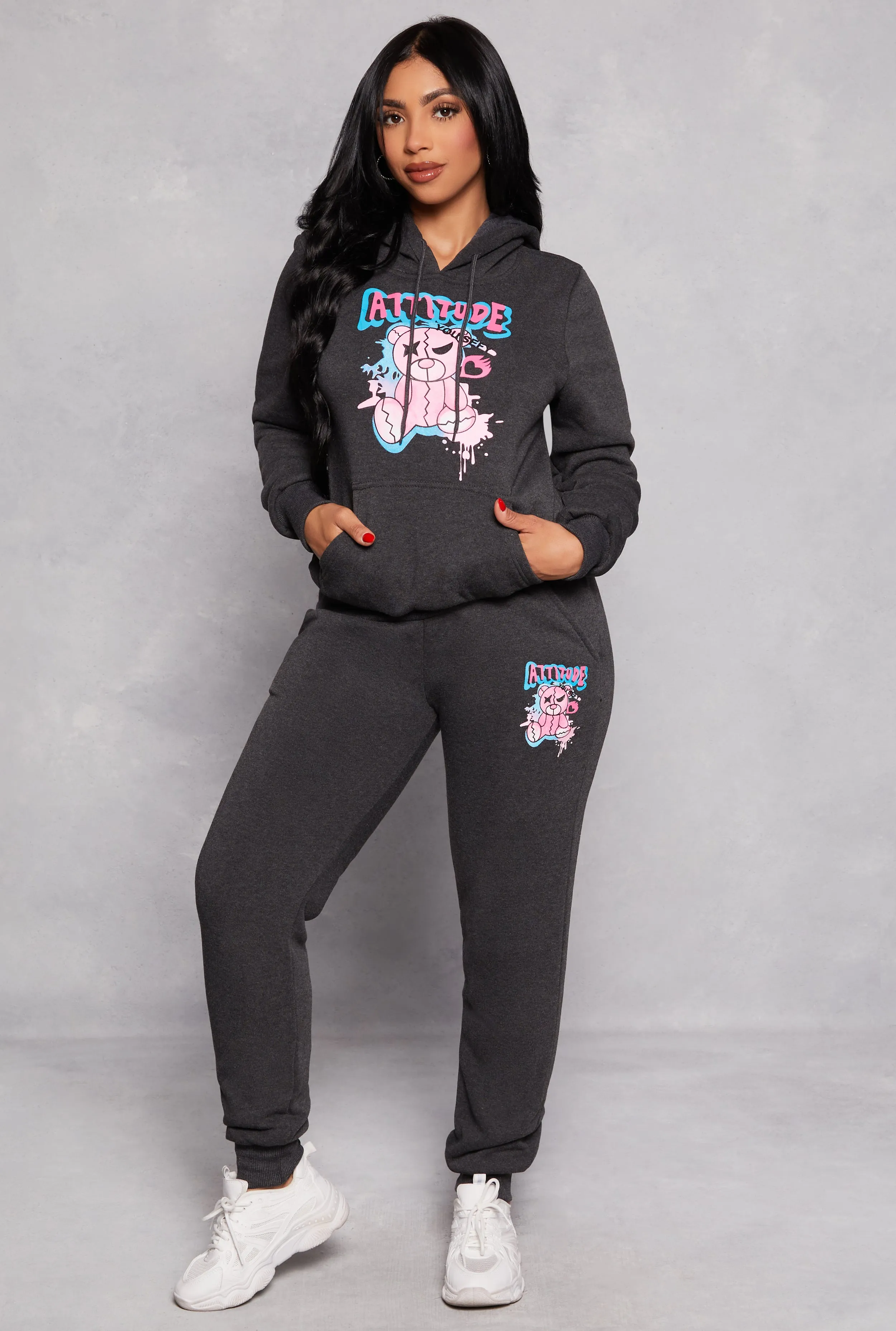 Attitude Bear Graphic Pullover Hoodie