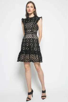Ava Embroidered Flutter Sleeve Dress Black