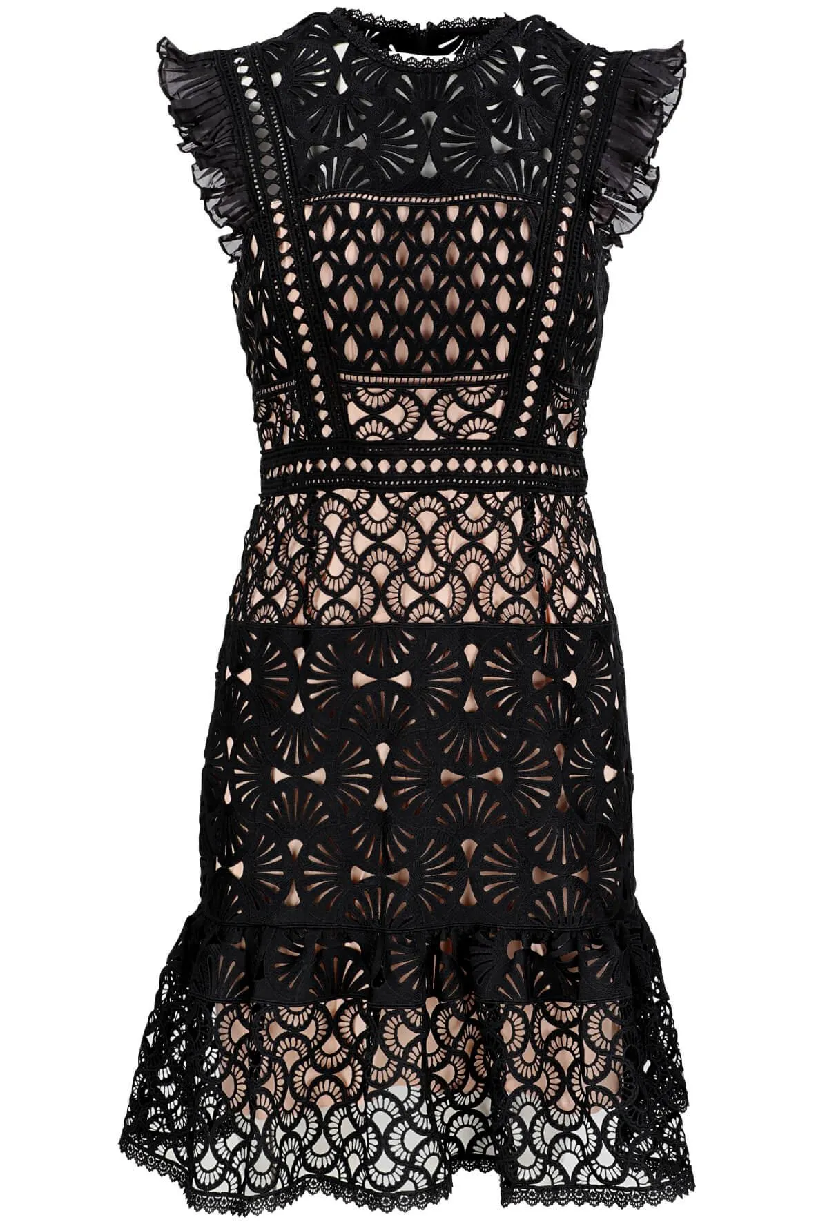 Ava Embroidered Flutter Sleeve Dress Black