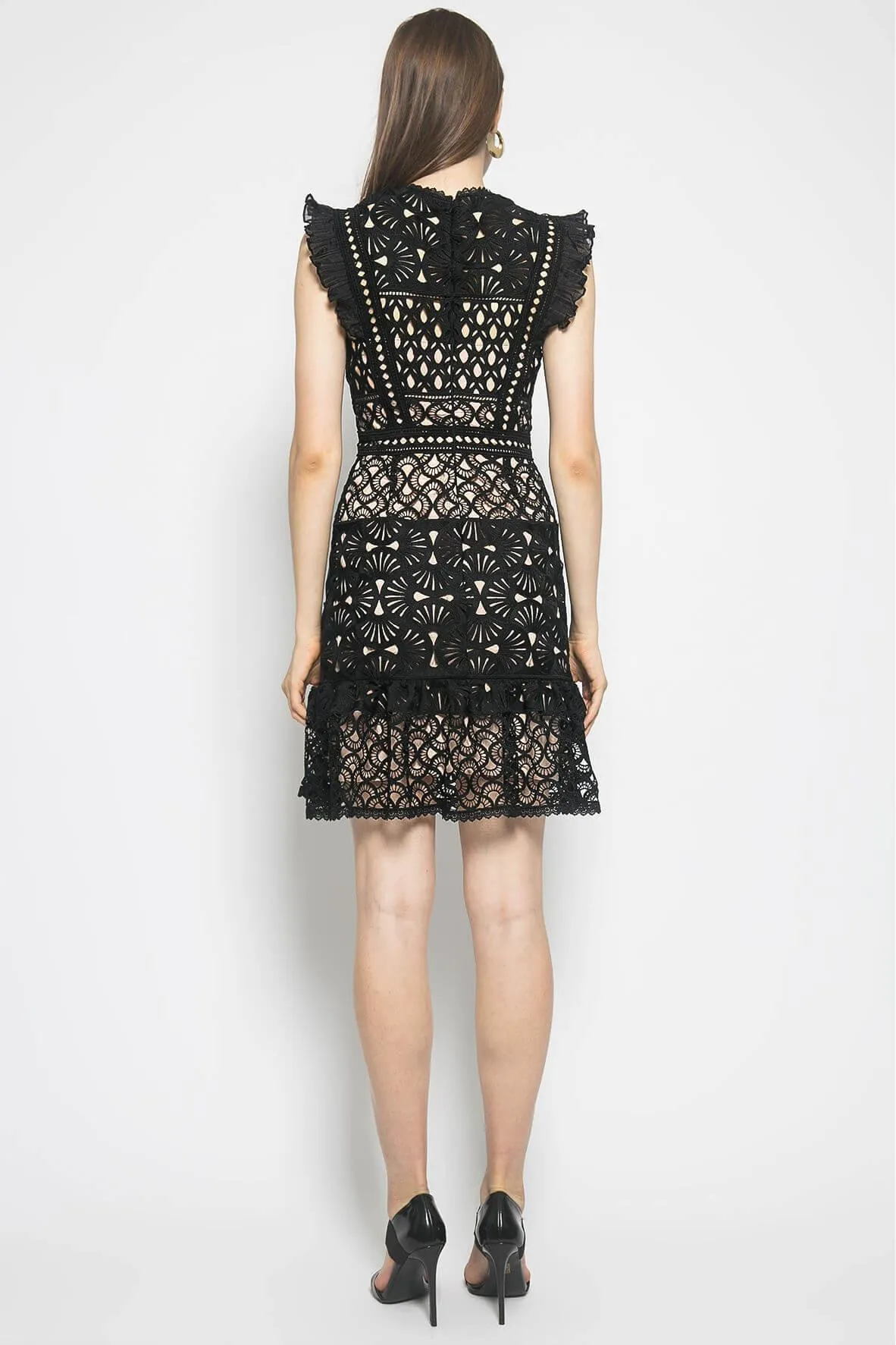 Ava Embroidered Flutter Sleeve Dress Black