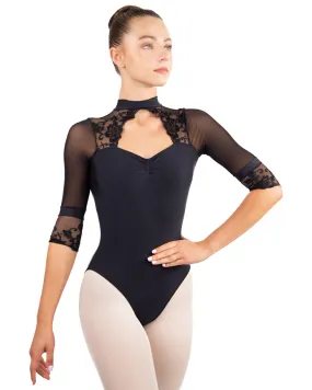 Ballet Rosa Lucienne Sweetheart Neckline Embroidered Mesh Lace 3/4 Sleeve Leotard - Womens