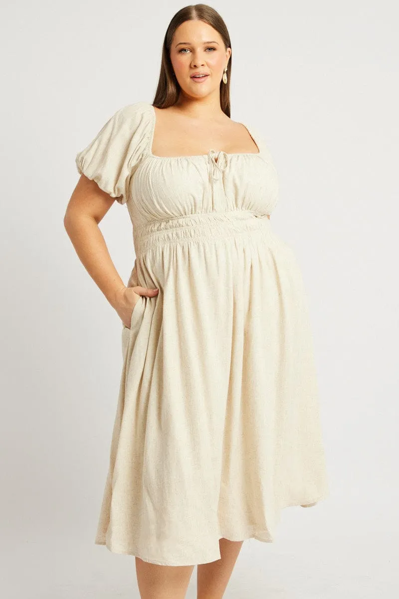 Beige Midi Dress Short Sleeve Ruched