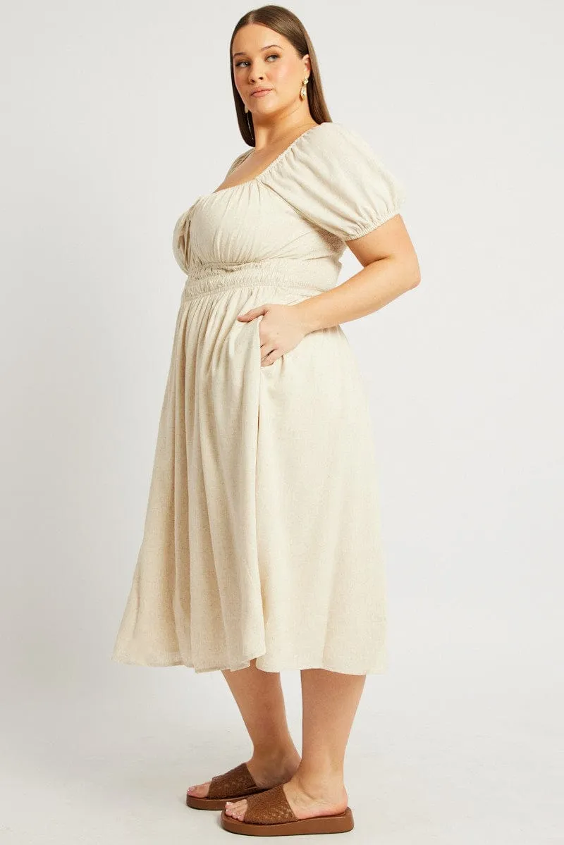 Beige Midi Dress Short Sleeve Ruched