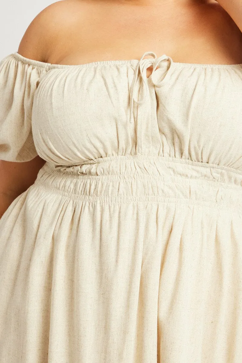 Beige Midi Dress Short Sleeve Ruched