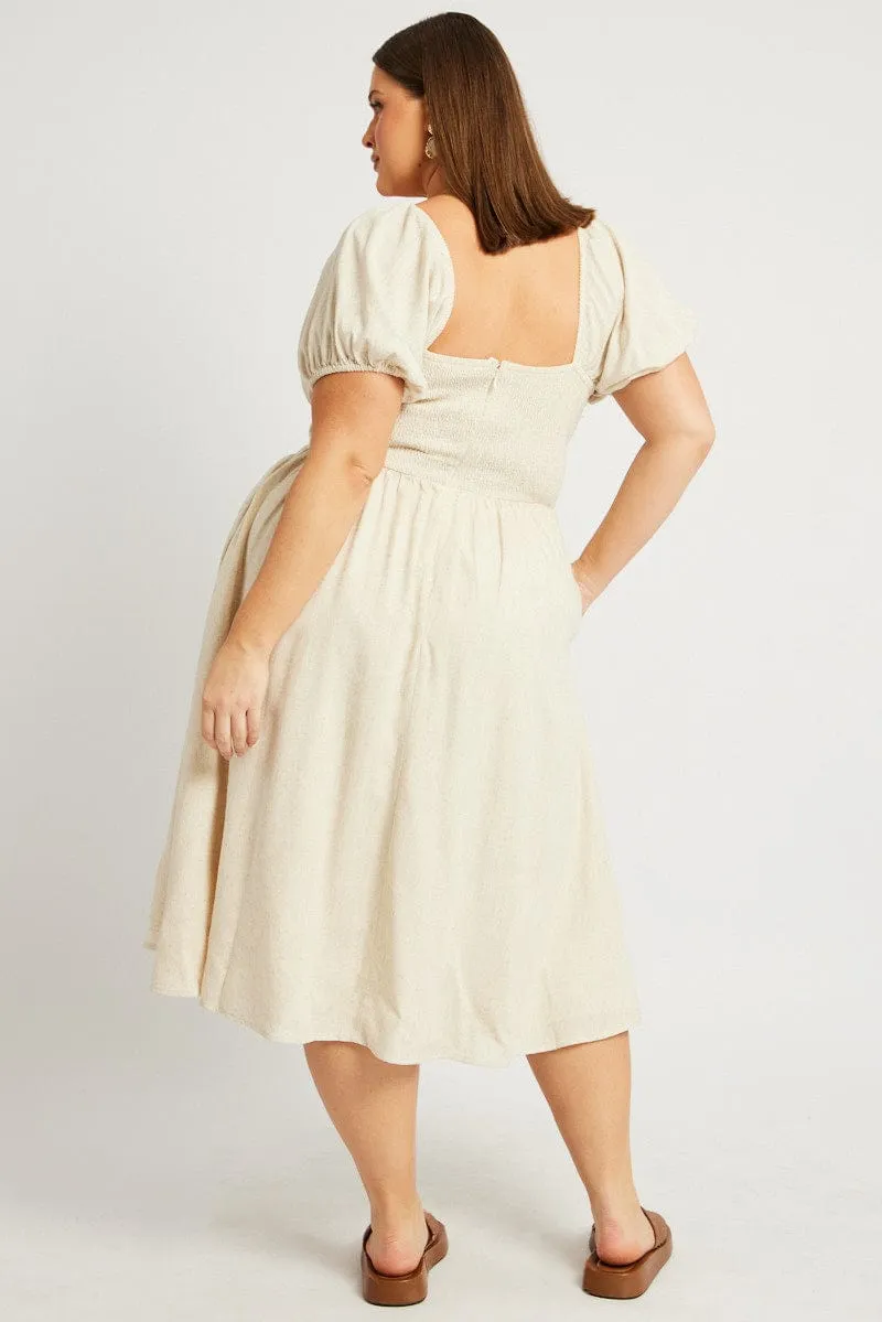 Beige Midi Dress Short Sleeve Ruched