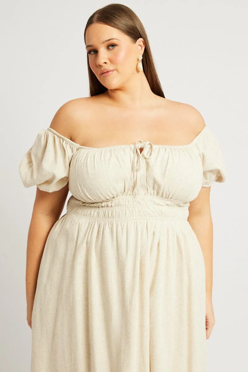 Beige Midi Dress Short Sleeve Ruched