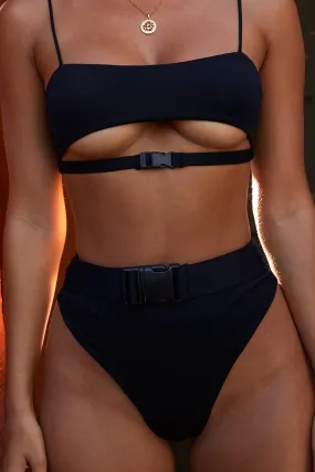 Belt My Heart High Waisted Brazilian Bikini Bottoms in Black