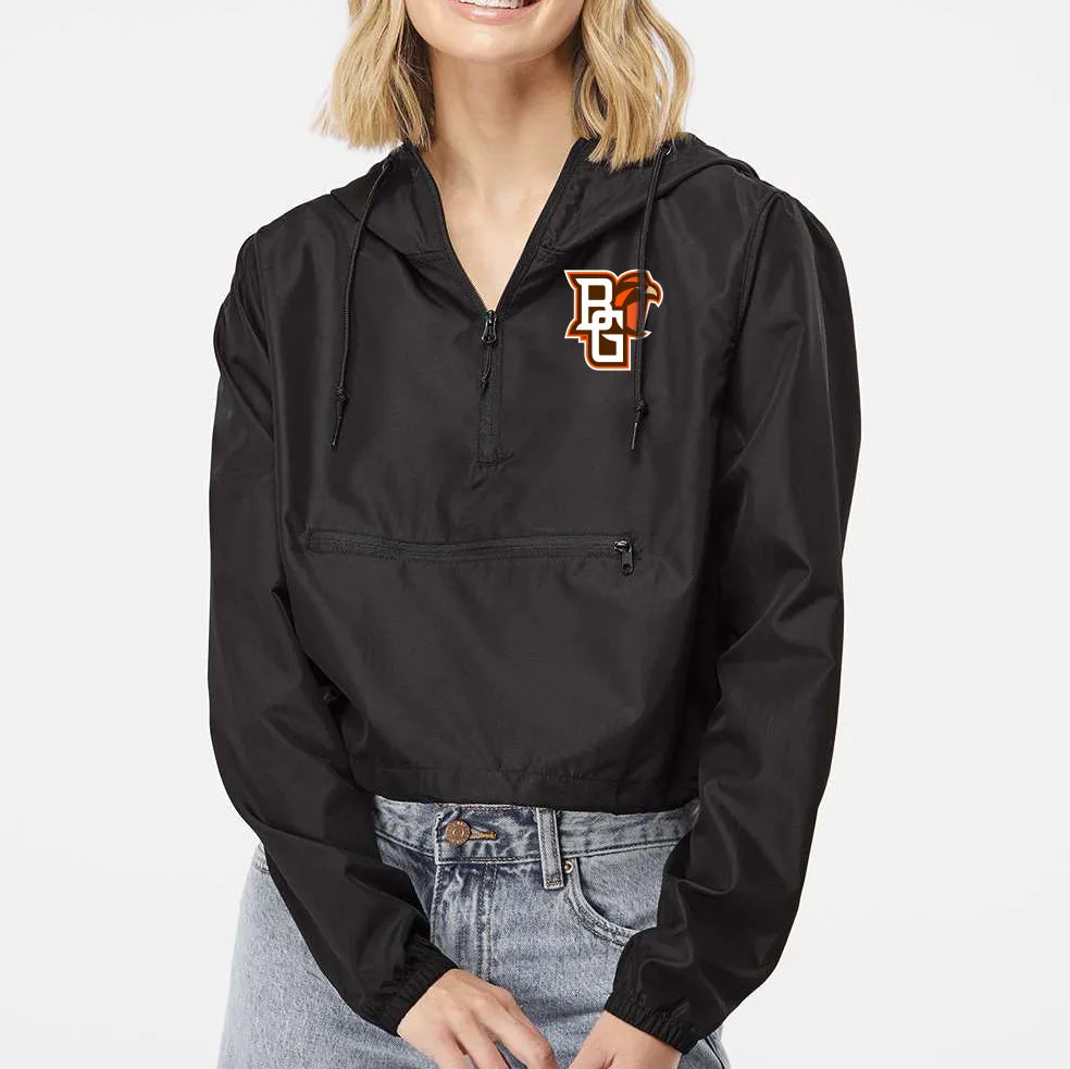BGSU Primary Logo Women's Lightweight 1/4-Zip Pullover Crop Windbreaker - Black