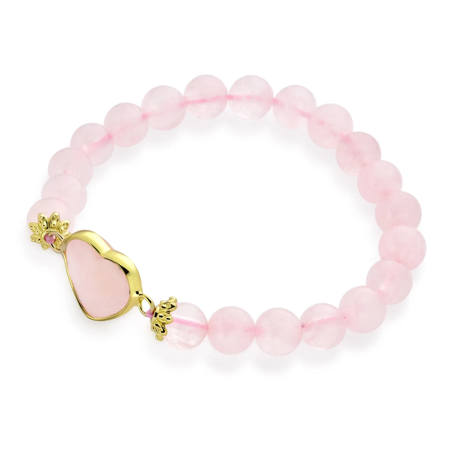 Big Center Faceted Heart Charm Pink Rose Quartz Bead Stretch Bracelet