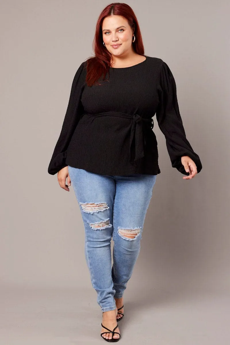Black Belted Top Long Sleeve Textured