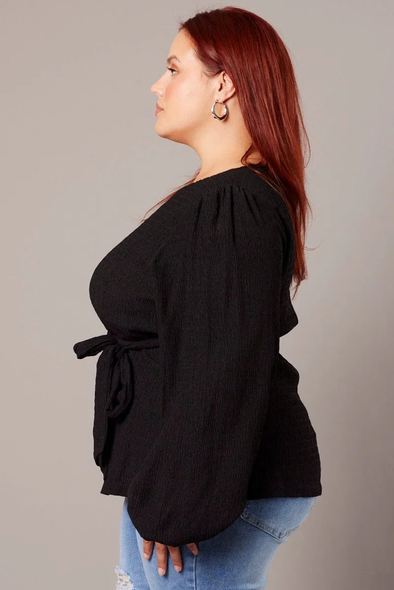 Black Belted Top Long Sleeve Textured