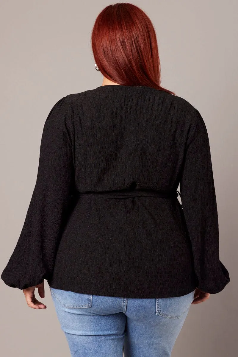 Black Belted Top Long Sleeve Textured
