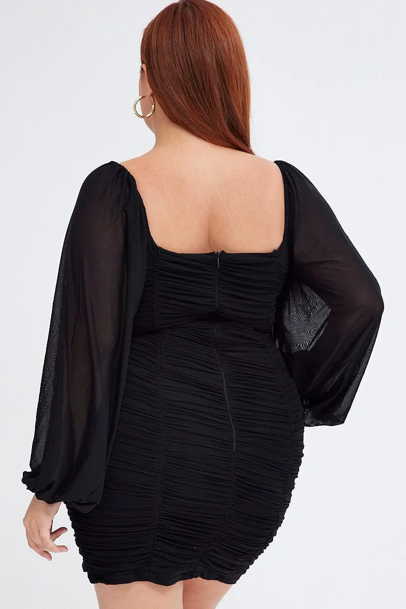 Black Bodycon Dress Long Sleeve Ruched Mesh