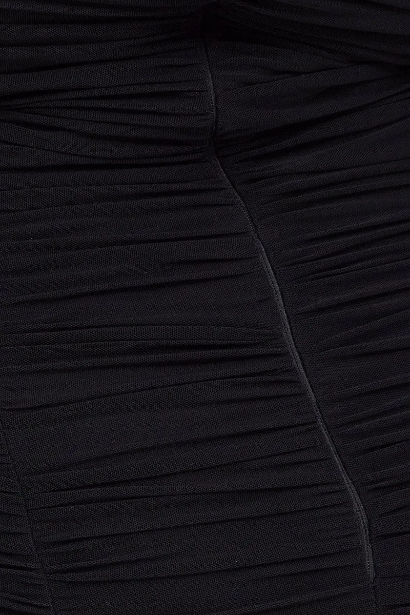 Black Bodycon Dress Long Sleeve Ruched Mesh