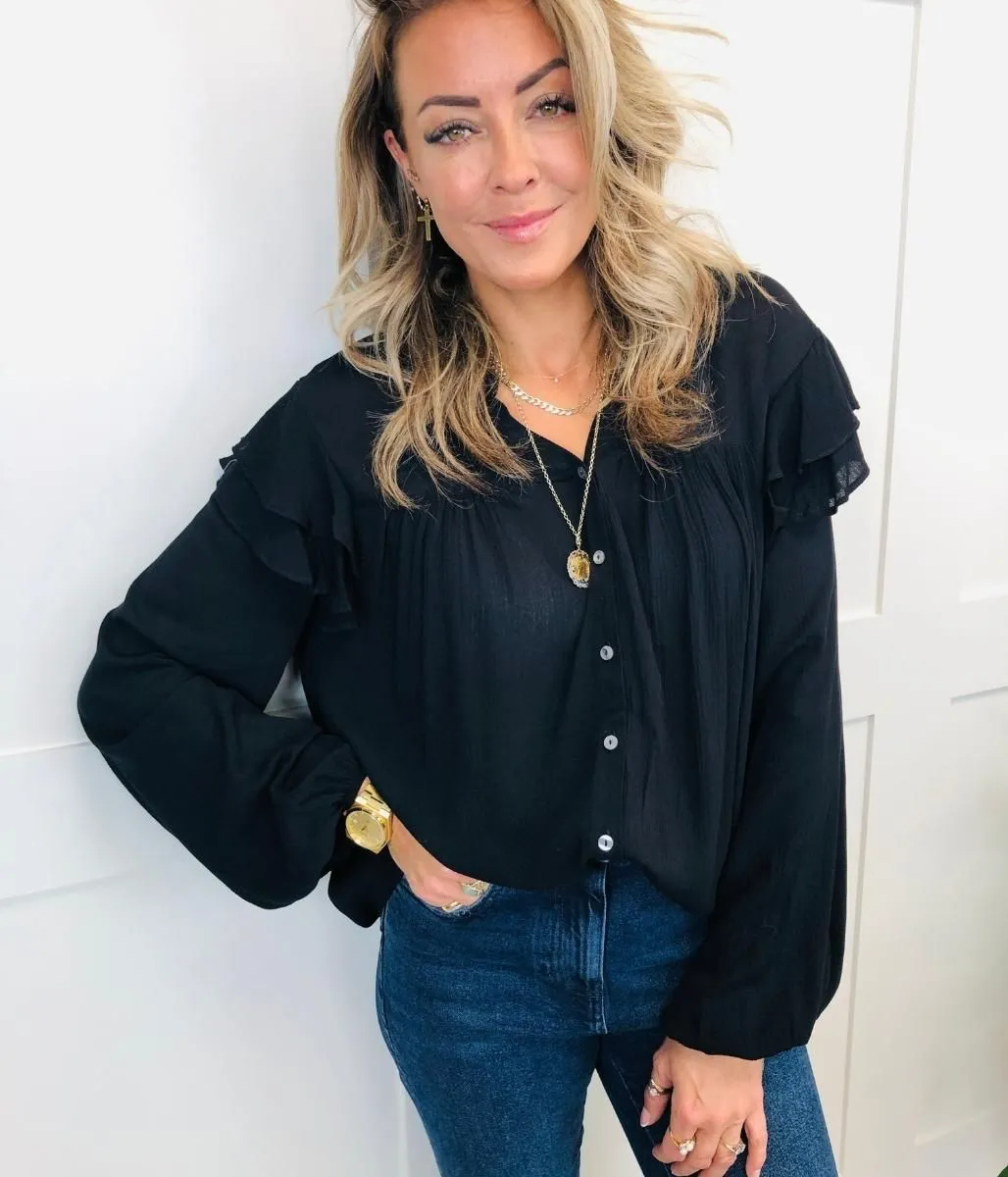 Black Chiffon Ruffle Boho Blouse