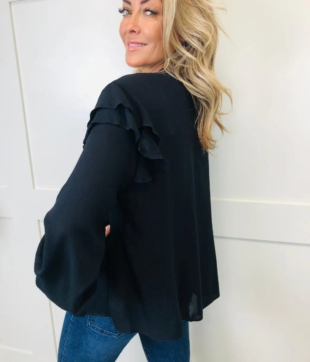 Black Chiffon Ruffle Boho Blouse