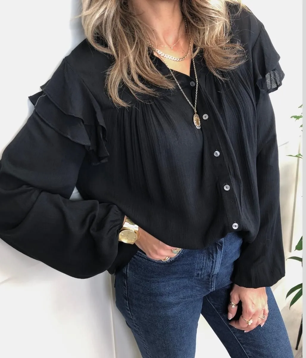 Black Chiffon Ruffle Boho Blouse