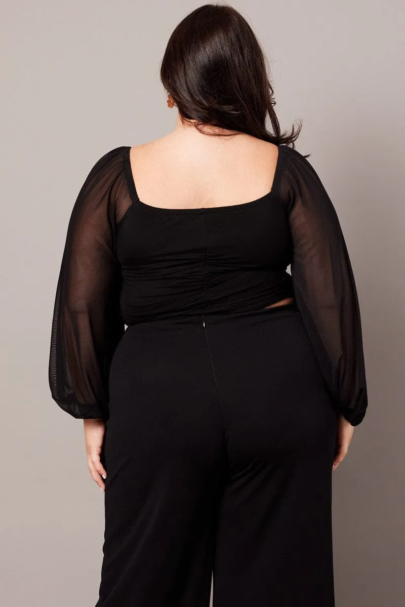 Black Crop Top Long Sleeve Ruched