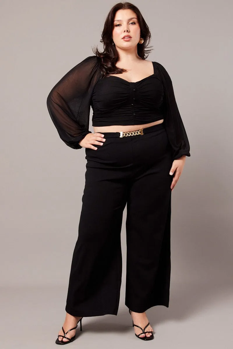 Black Crop Top Long Sleeve Ruched