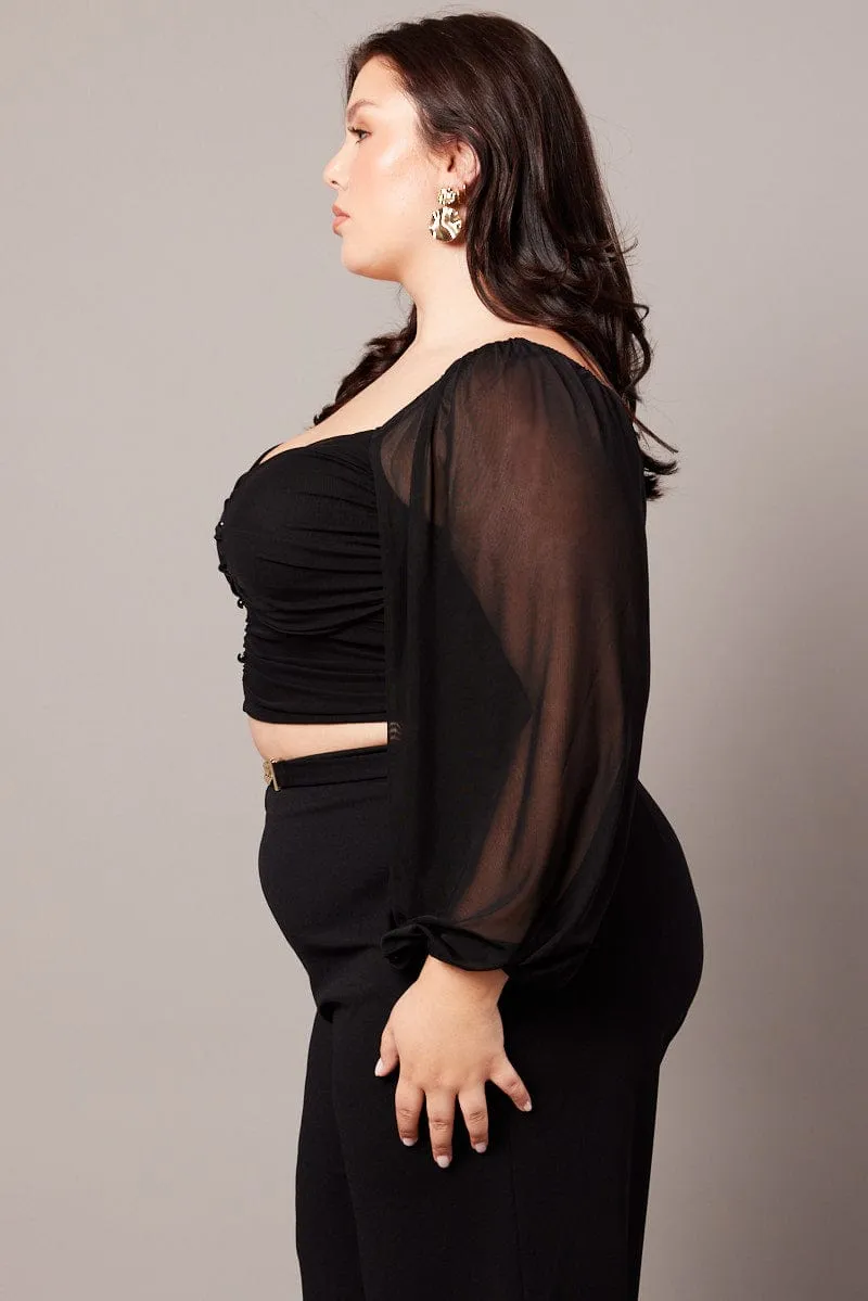 Black Crop Top Long Sleeve Ruched