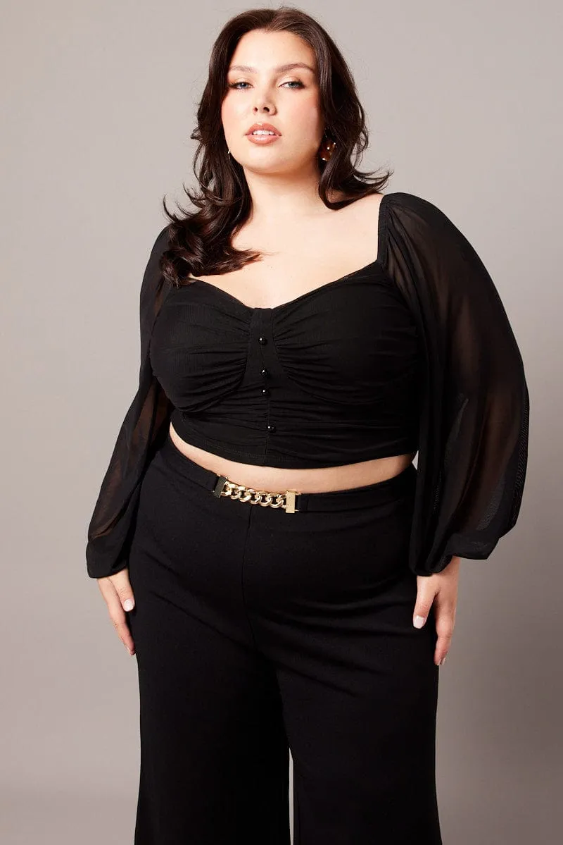 Black Crop Top Long Sleeve Ruched