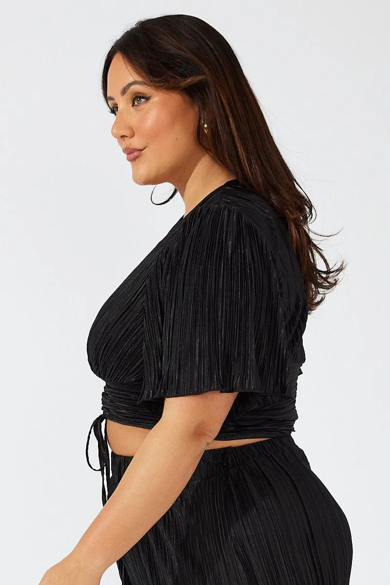 Black Crop Top Short Sleeve Ruched Front Plisse