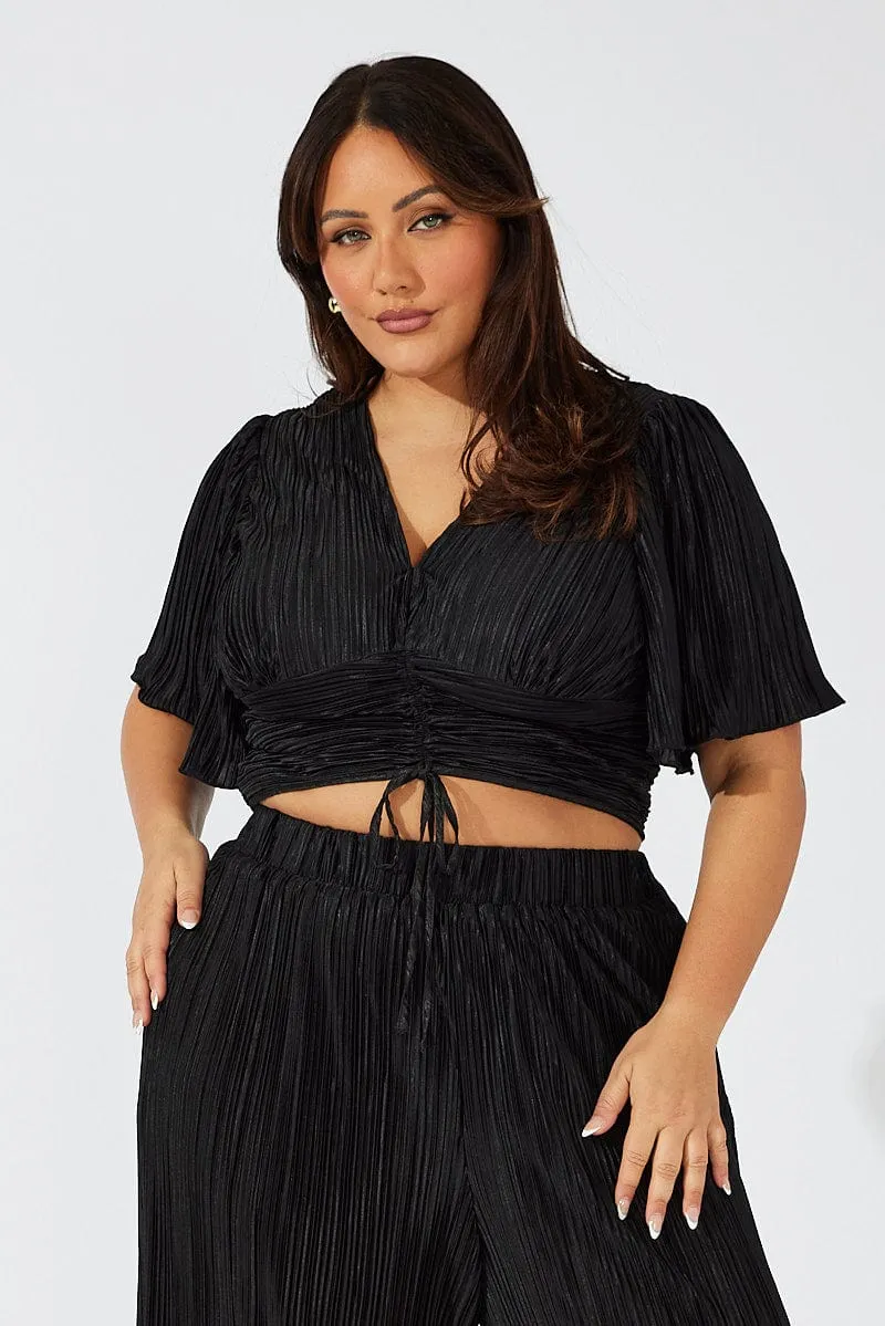 Black Crop Top Short Sleeve Ruched Front Plisse