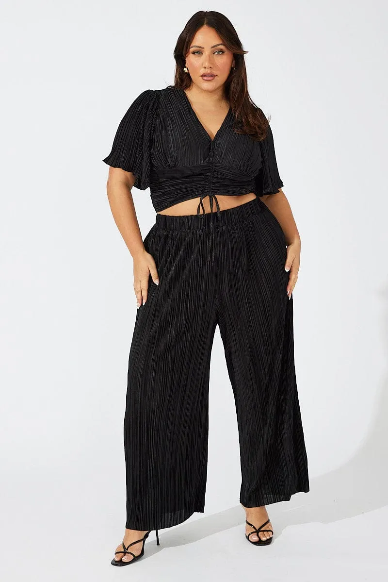 Black Crop Top Short Sleeve Ruched Front Plisse