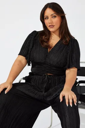 Black Crop Top Short Sleeve Ruched Front Plisse