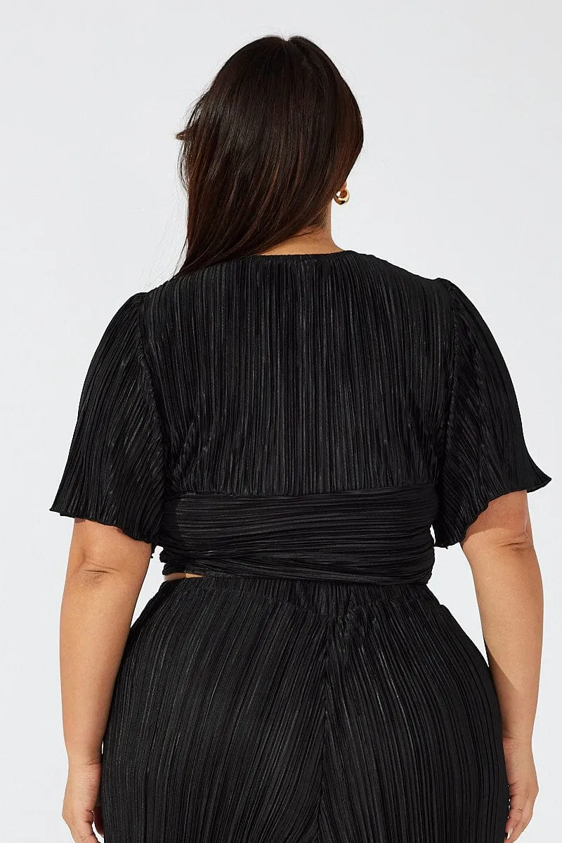 Black Crop Top Short Sleeve Ruched Front Plisse