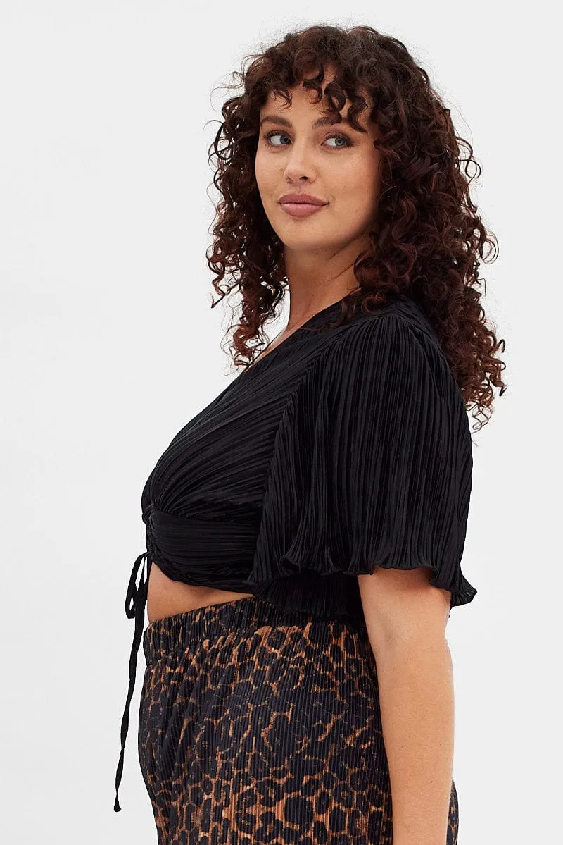 Black Crop Top Short Sleeve V-neck Ruched Front Plisse
