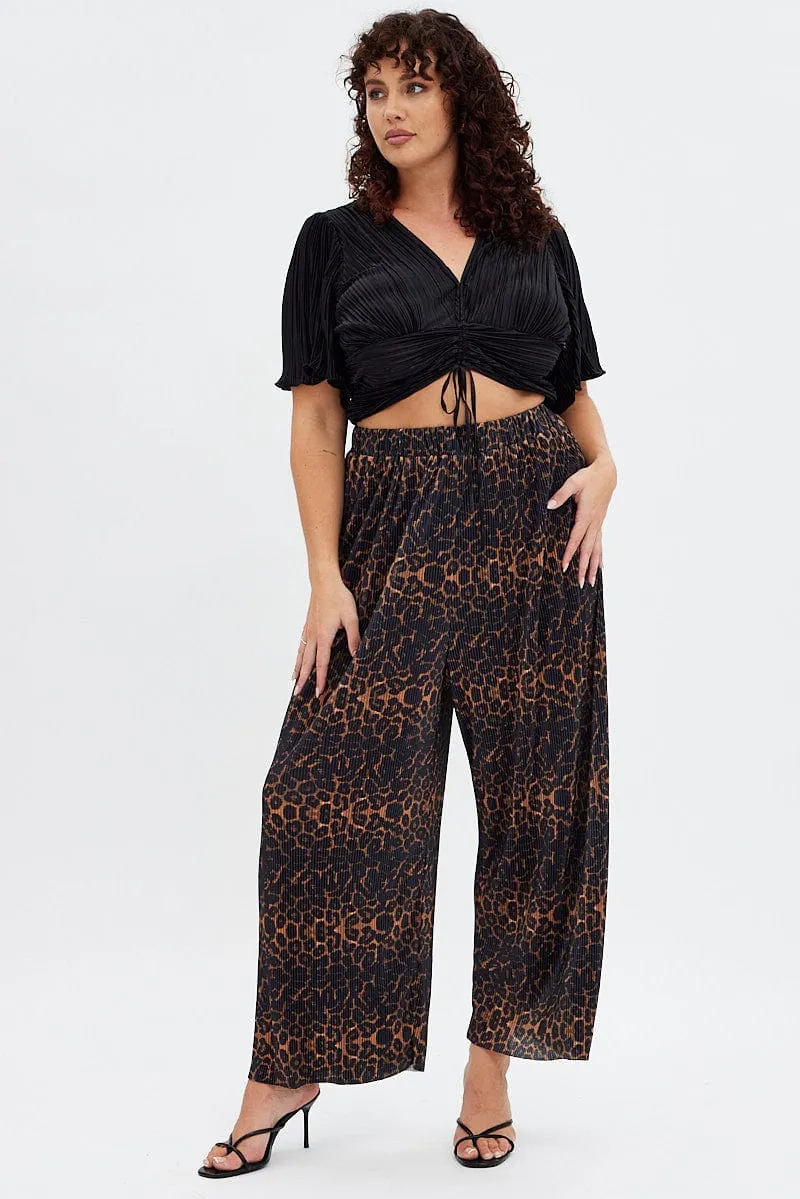 Black Crop Top Short Sleeve V-neck Ruched Front Plisse