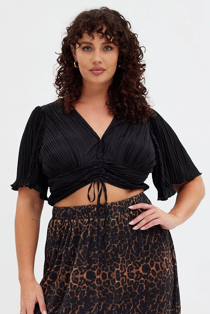 Black Crop Top Short Sleeve V-neck Ruched Front Plisse