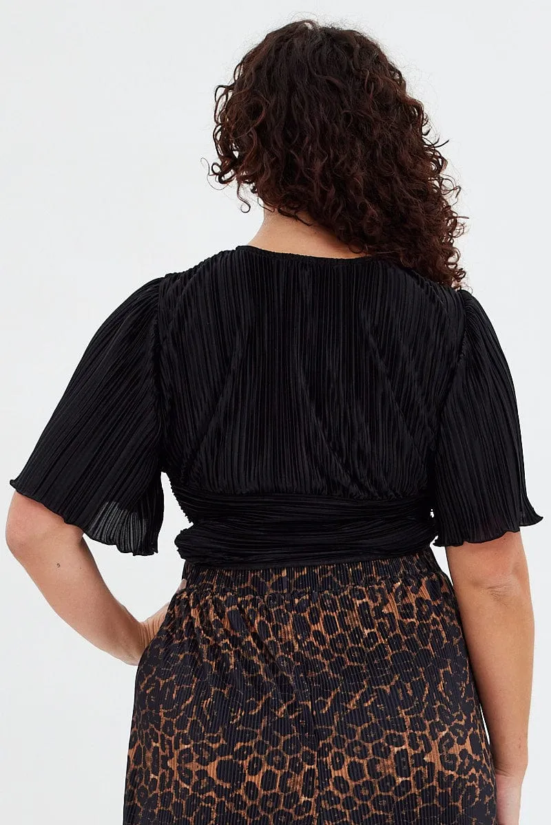 Black Crop Top Short Sleeve V-neck Ruched Front Plisse