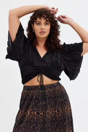 Black Crop Top Short Sleeve V-neck Ruched Front Plisse
