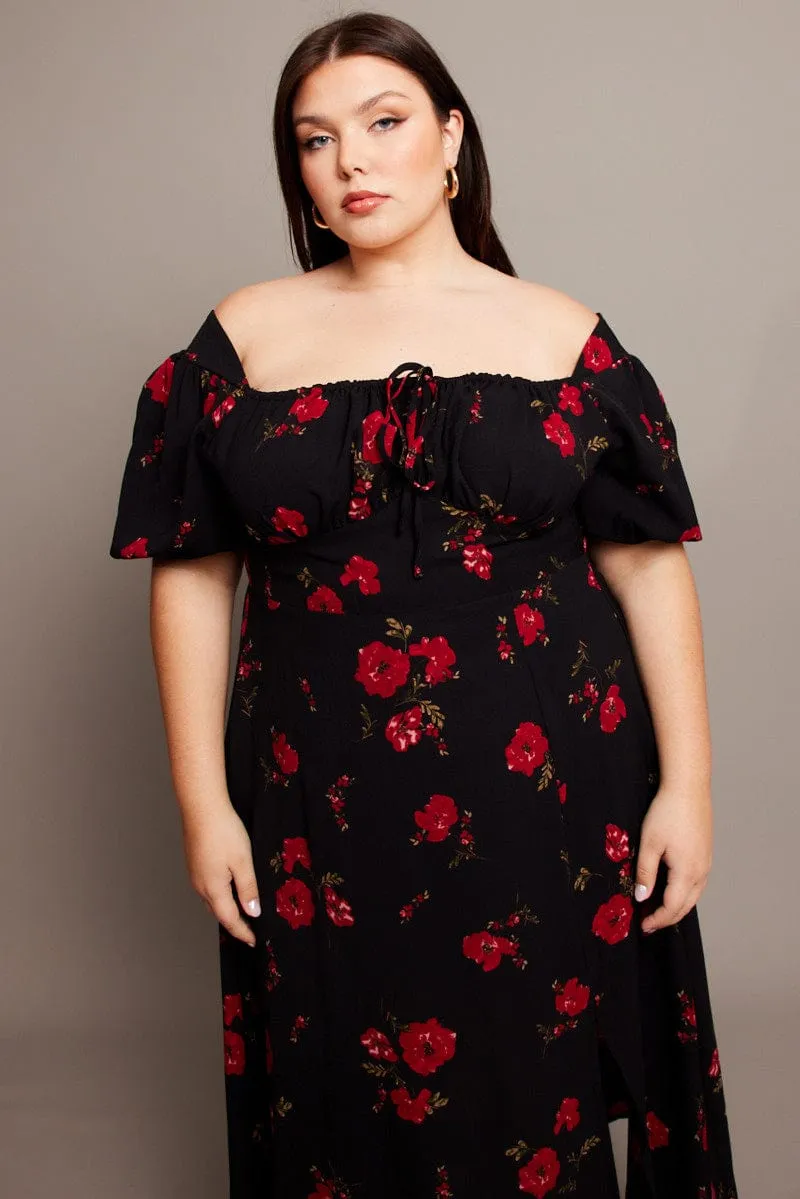 Black Ditsy Midi Dress Short Sleeve Ruched Bust