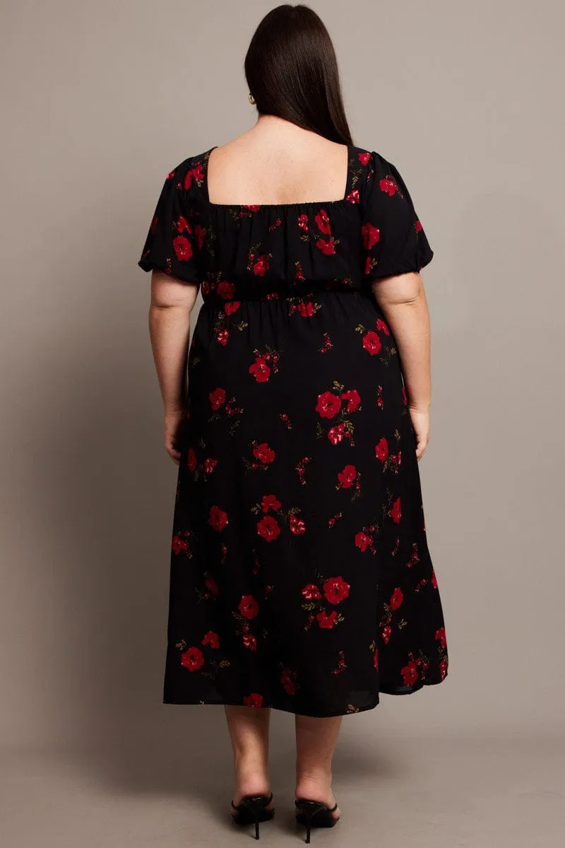Black Ditsy Midi Dress Short Sleeve Ruched Bust