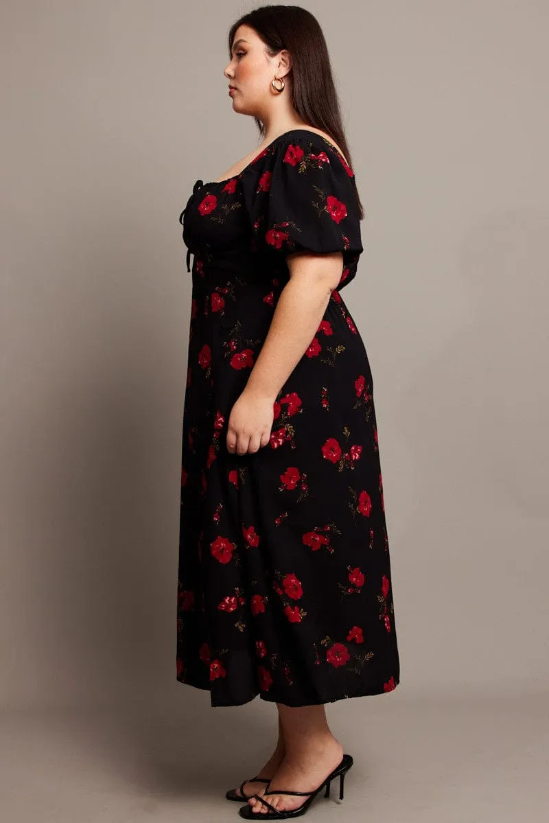 Black Ditsy Midi Dress Short Sleeve Ruched Bust