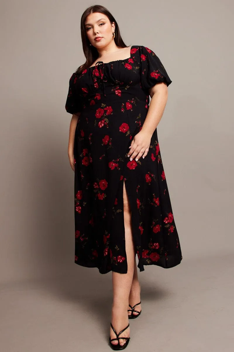 Black Ditsy Midi Dress Short Sleeve Ruched Bust