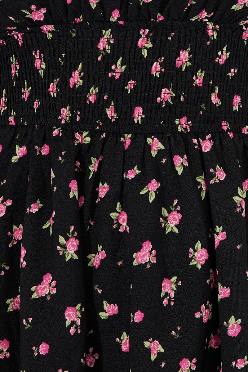 Black Ditsy Ruched Playsuit Short Sleeve