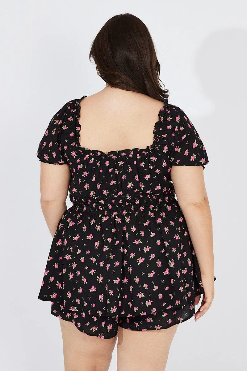 Black Ditsy Ruched Playsuit Short Sleeve