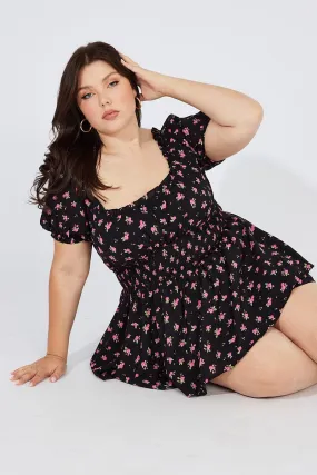 Black Ditsy Ruched Playsuit Short Sleeve