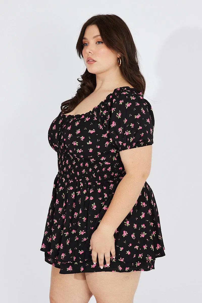 Black Ditsy Ruched Playsuit Short Sleeve