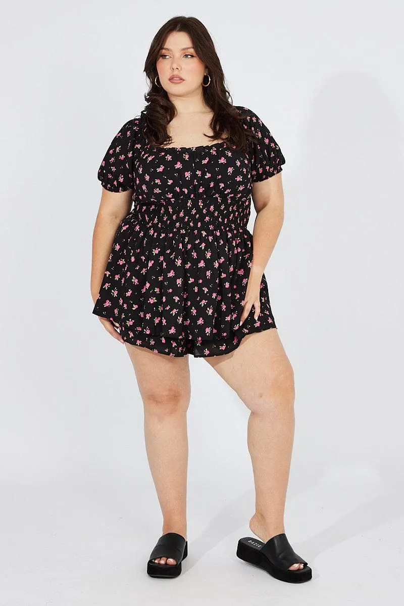 Black Ditsy Ruched Playsuit Short Sleeve