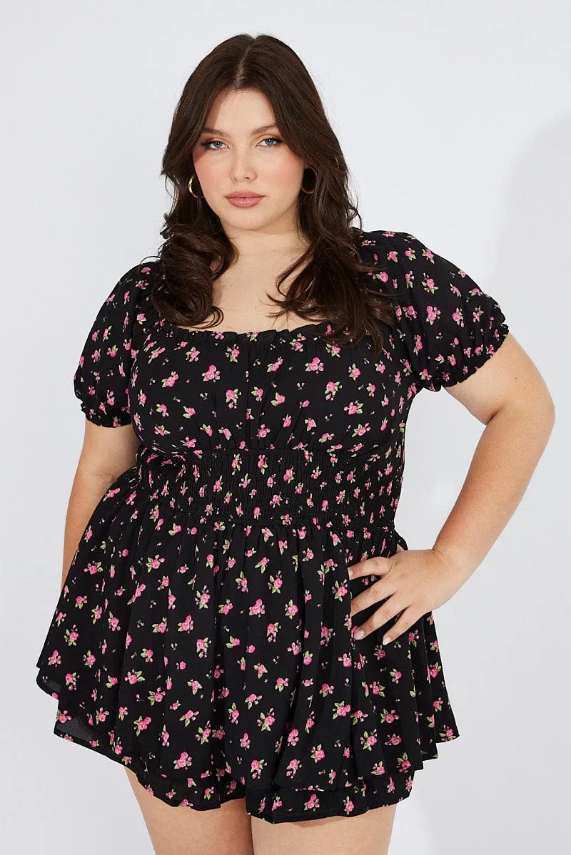 Black Ditsy Ruched Playsuit Short Sleeve