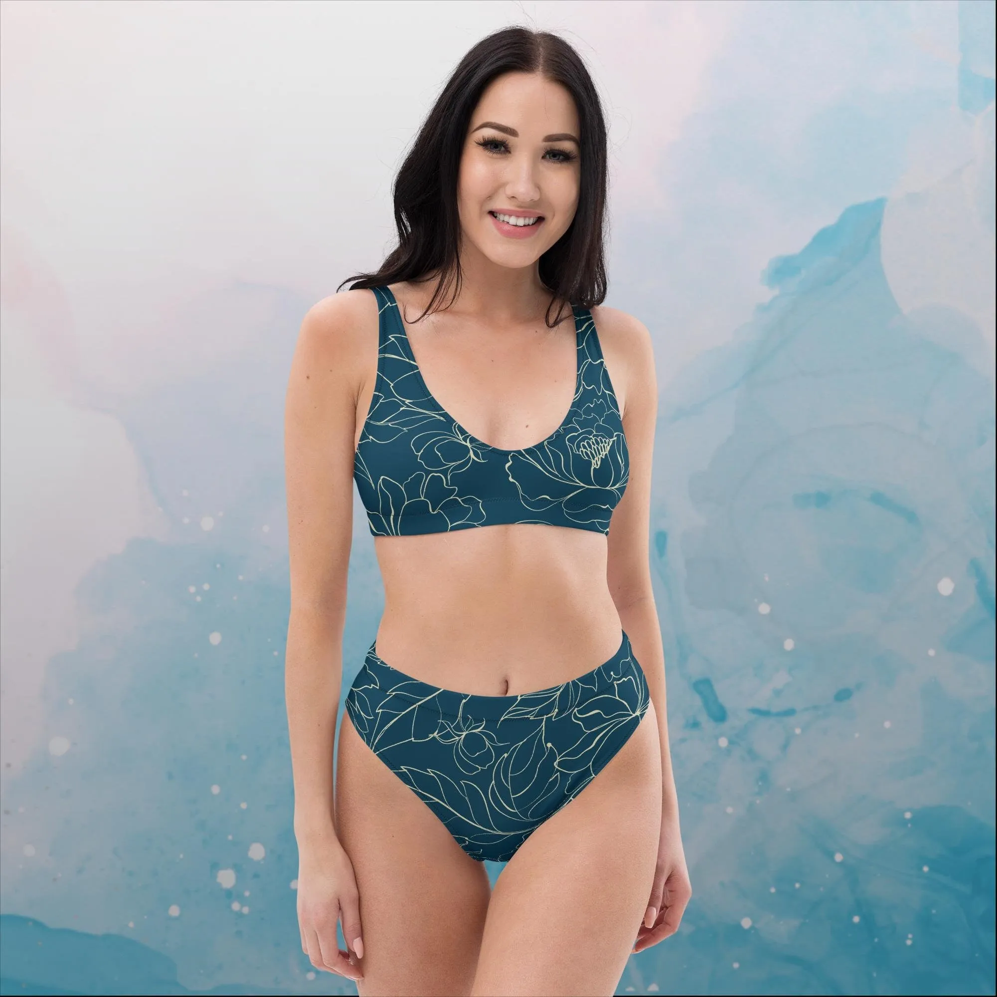 Blue and Cream Floral Stencil Lines Recycled High Waisted Bikini