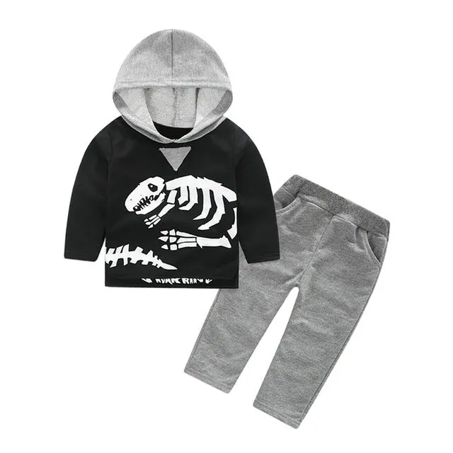 Boys Clothes Toddler Kids Baby Boys Dinosaur Bones Clothes Set Hooded Tops Pants Outfit